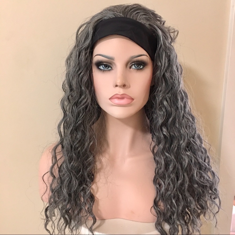 Rooted Dark Grey Headband Wig | Curly Wig
